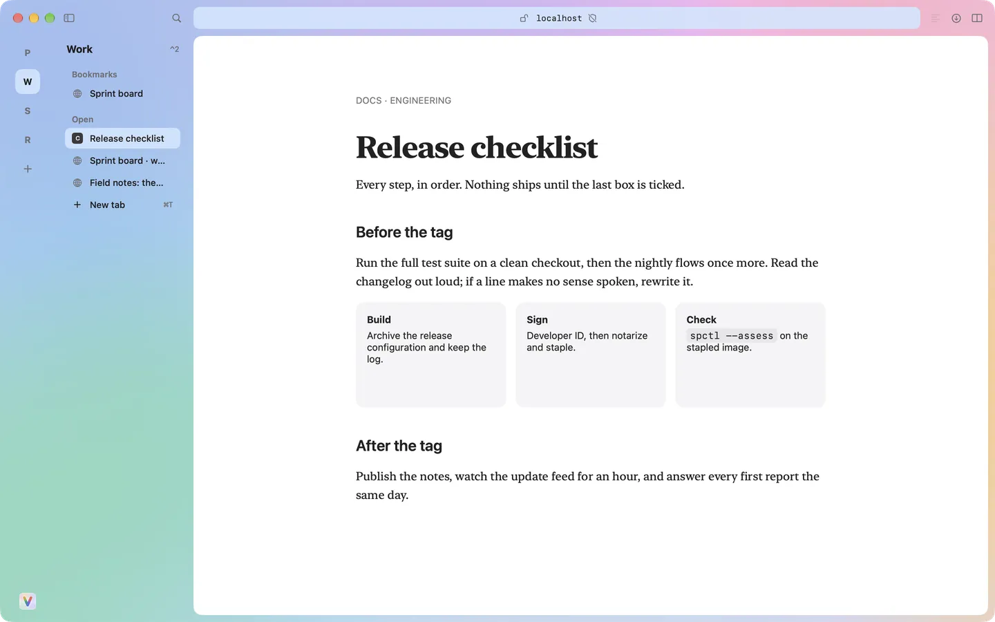 Verso's window on a colourful desktop: the Work Space with its tabs in the sidebar and a page on the white sheet. A screenshot of the pre-alpha.